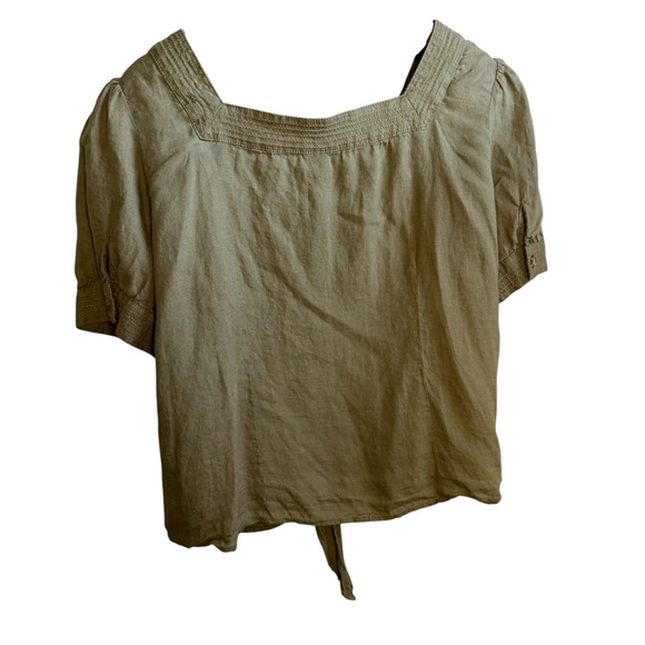 Talbots Linen Olive Green Crop Short Sleeve Tie Top size Large - Picture 4 of 8